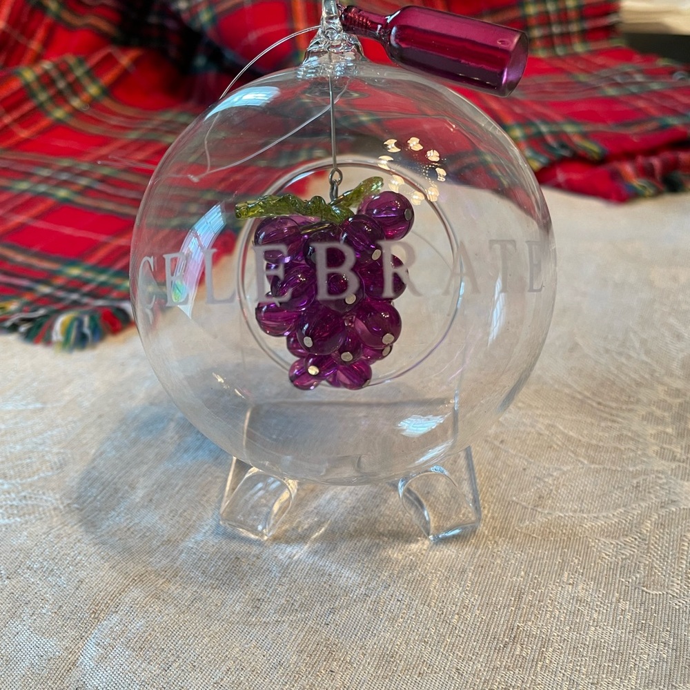 CELEBRATE etched wine ornament, glass